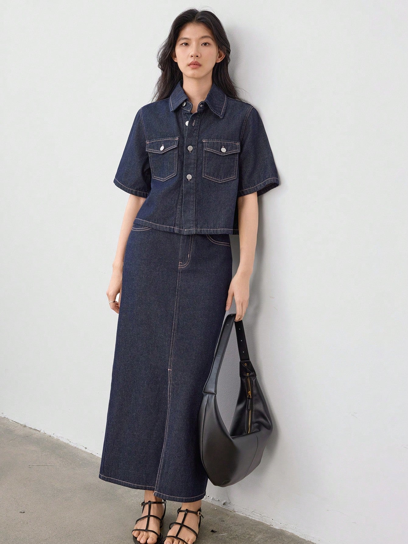 CM-SS286493 Women Casual Seoul Style Dark Wash Short Sleeve Top With Side Slit Skirt Denim - Set