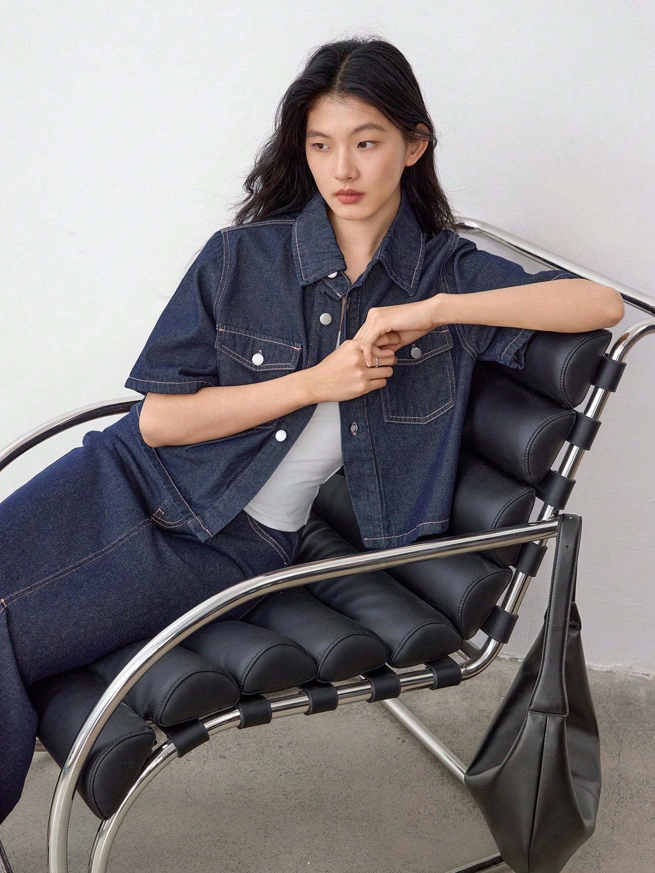 CM-SS286493 Women Casual Seoul Style Dark Wash Short Sleeve Top With Side Slit Skirt Denim - Set