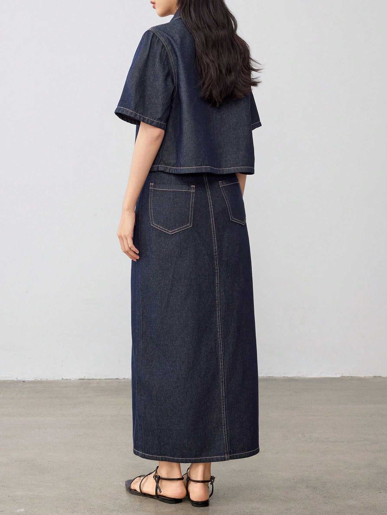 CM-SS286493 Women Casual Seoul Style Dark Wash Short Sleeve Top With Side Slit Skirt Denim - Set