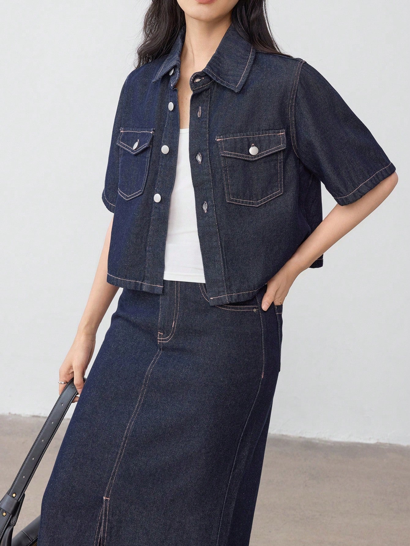 CM-SS286493 Women Casual Seoul Style Dark Wash Short Sleeve Top With Side Slit Skirt Denim - Set