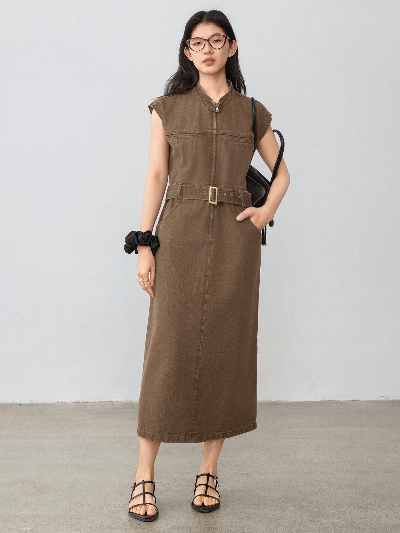 CM-DS254159 Women Casual Seoul Style Stand Collar Cap Sleeve Waist Belt Decor Denim Dress - Brown