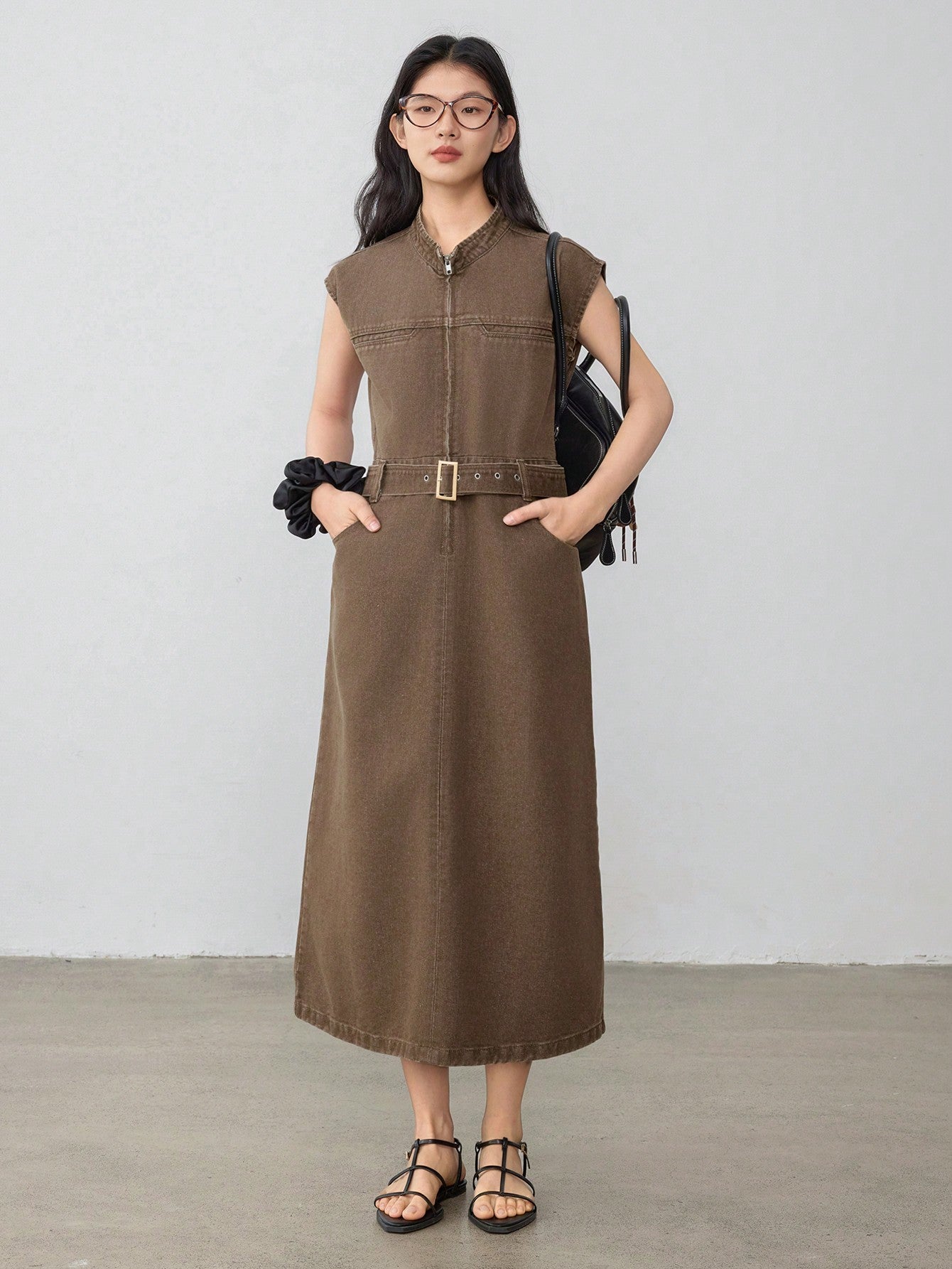 CM-DS254159 Women Casual Seoul Style Stand Collar Cap Sleeve Waist Belt Decor Denim Dress - Brown