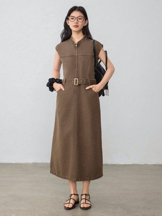 CM-DS254159 Women Casual Seoul Style Stand Collar Cap Sleeve Waist Belt Decor Denim Dress - Brown