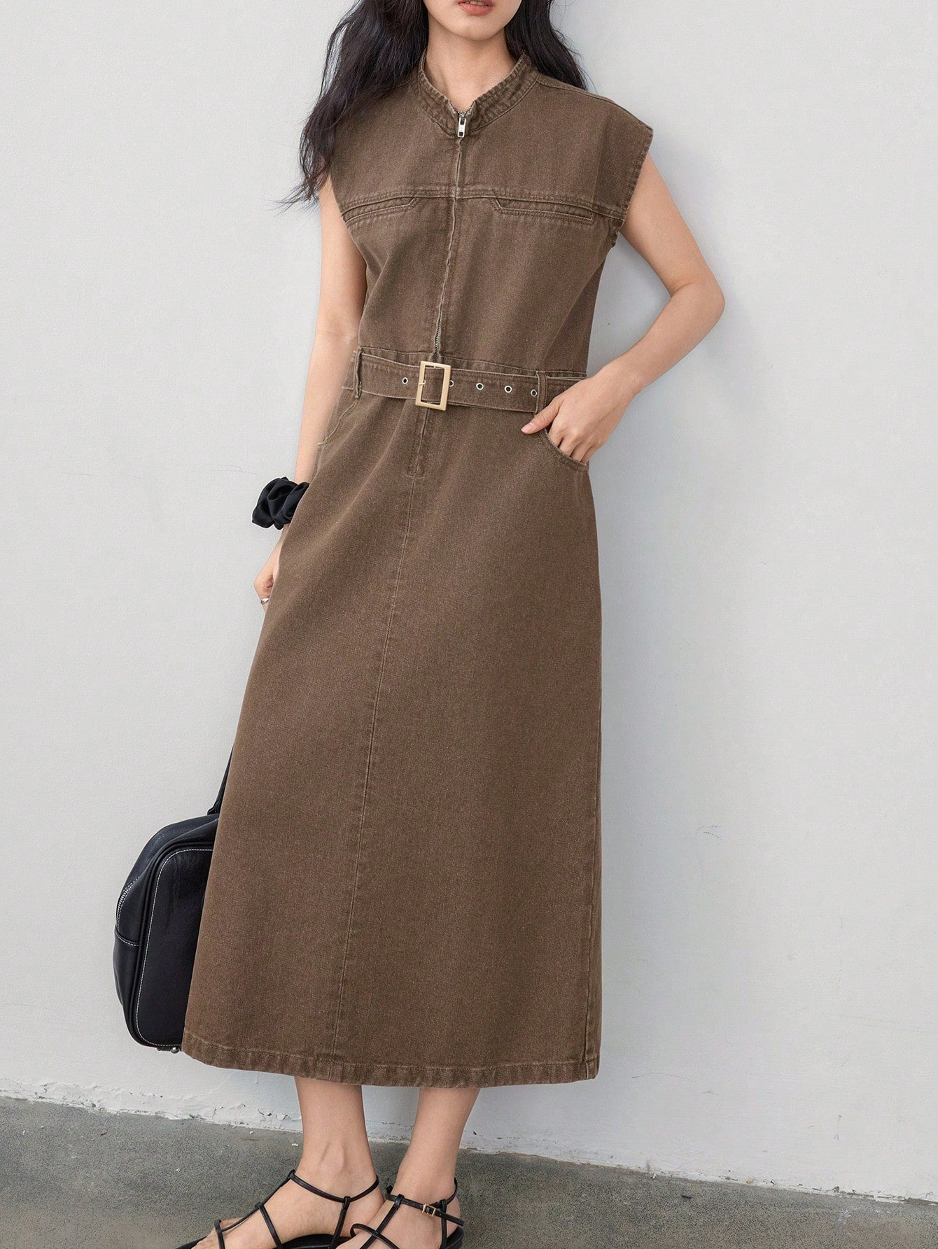CM-DS254159 Women Casual Seoul Style Stand Collar Cap Sleeve Waist Belt Decor Denim Dress - Brown