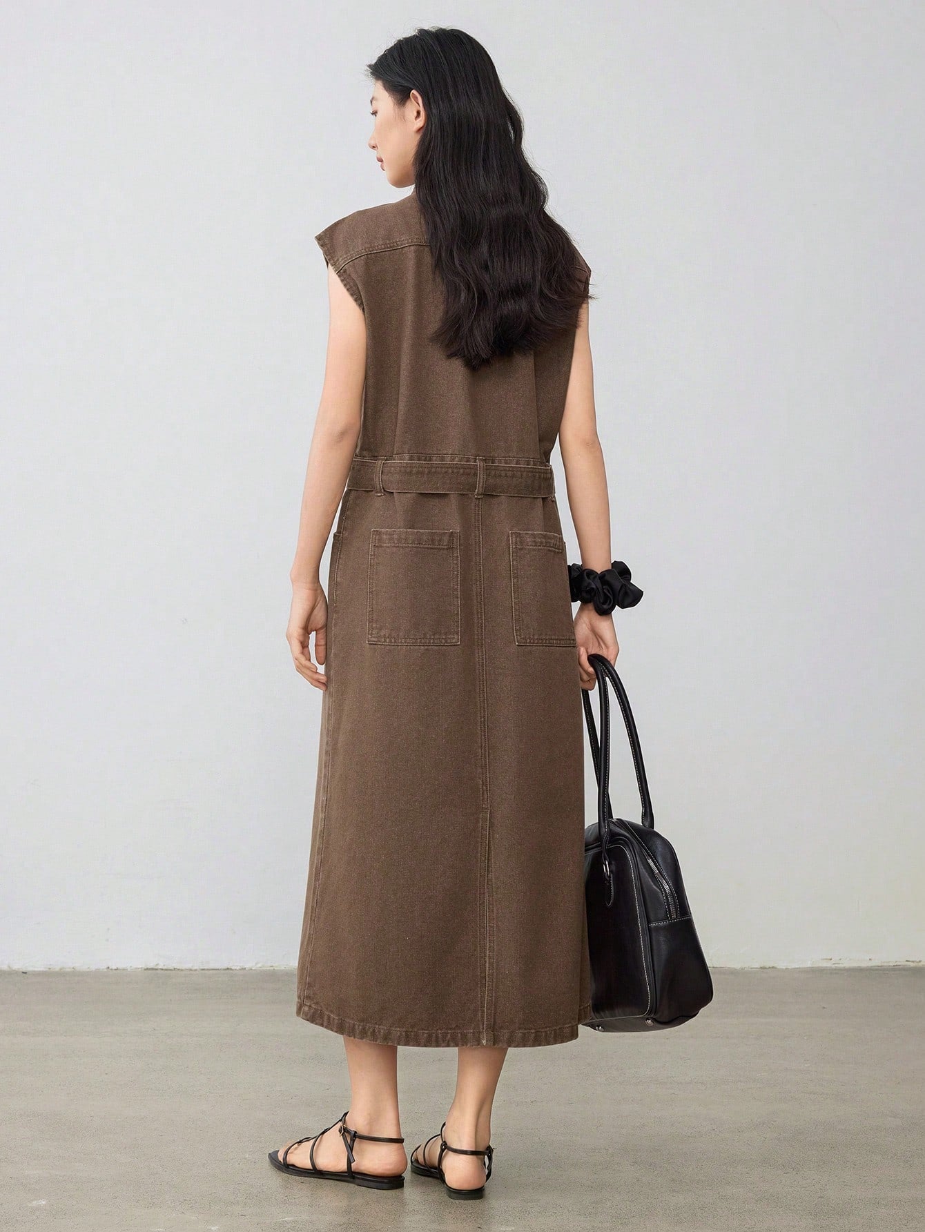 CM-DS254159 Women Casual Seoul Style Stand Collar Cap Sleeve Waist Belt Decor Denim Dress - Brown