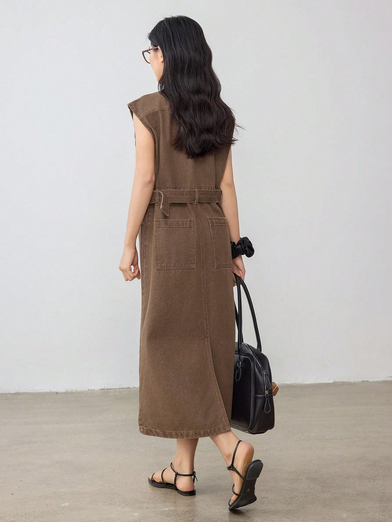 CM-DS254159 Women Casual Seoul Style Stand Collar Cap Sleeve Waist Belt Decor Denim Dress - Brown