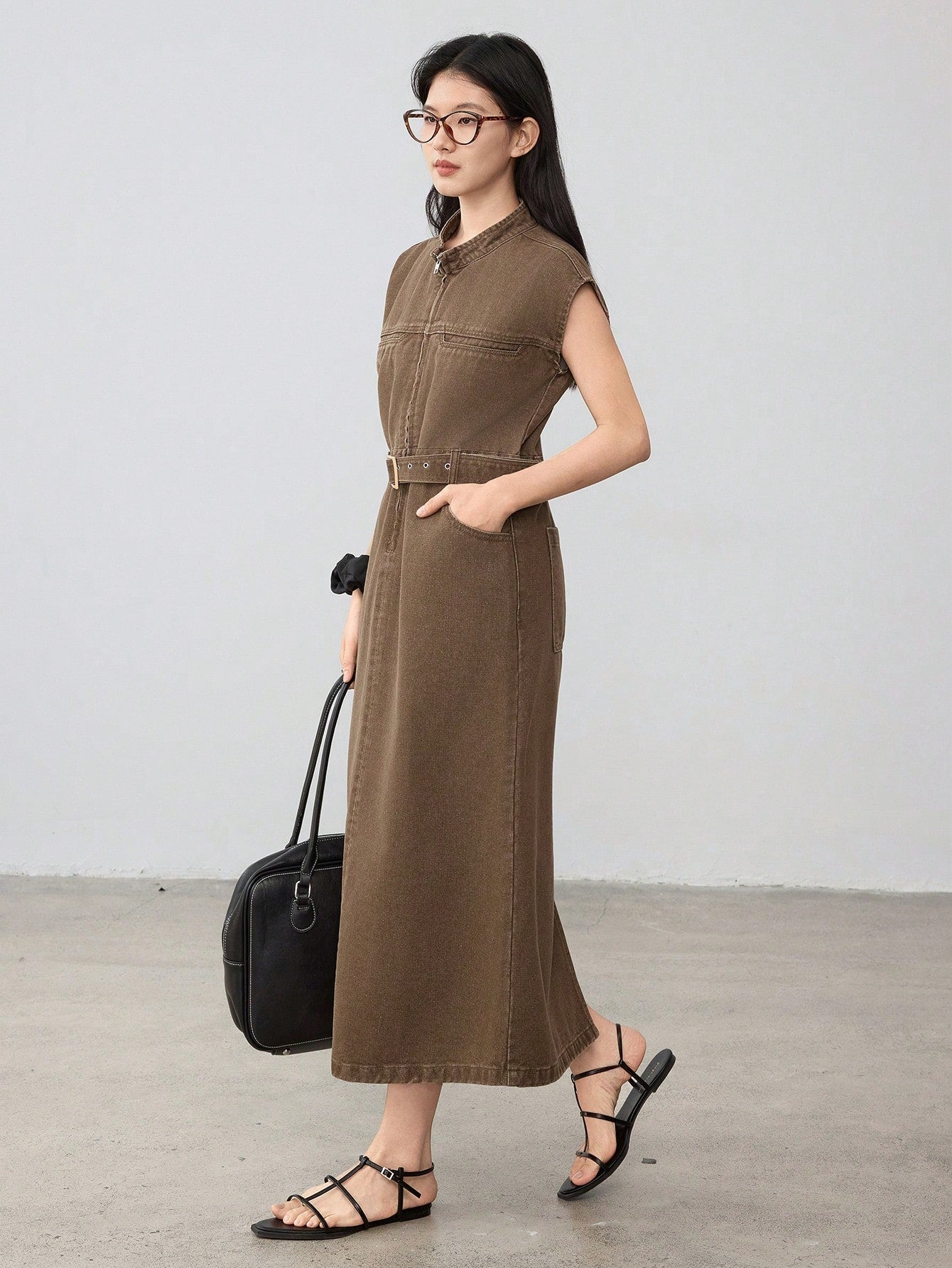 CM-DS254159 Women Casual Seoul Style Stand Collar Cap Sleeve Waist Belt Decor Denim Dress - Brown