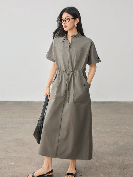 CM-DS487770 Women Casual Seoul Style Stand Collar Drawstring Waist Loose Mid-Length Dress - Army Green