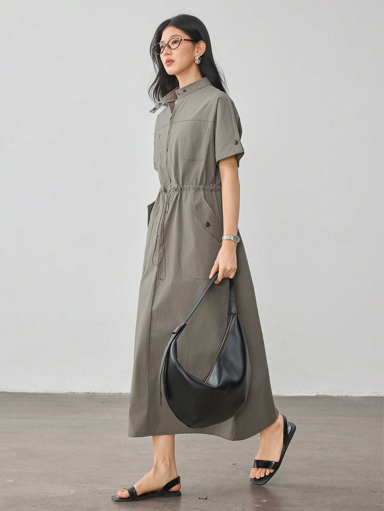 CM-DS487770 Women Casual Seoul Style Stand Collar Drawstring Waist Loose Mid-Length Dress - Army Green