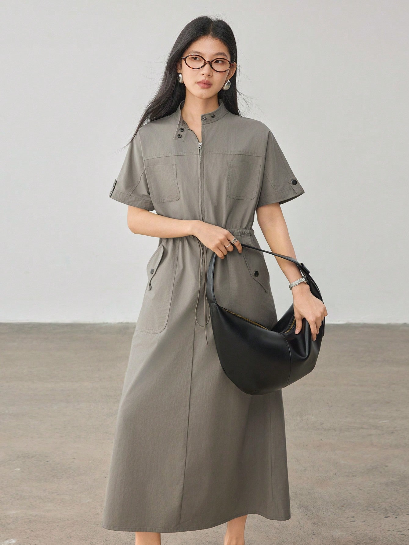 CM-DS487770 Women Casual Seoul Style Stand Collar Drawstring Waist Loose Mid-Length Dress - Army Green