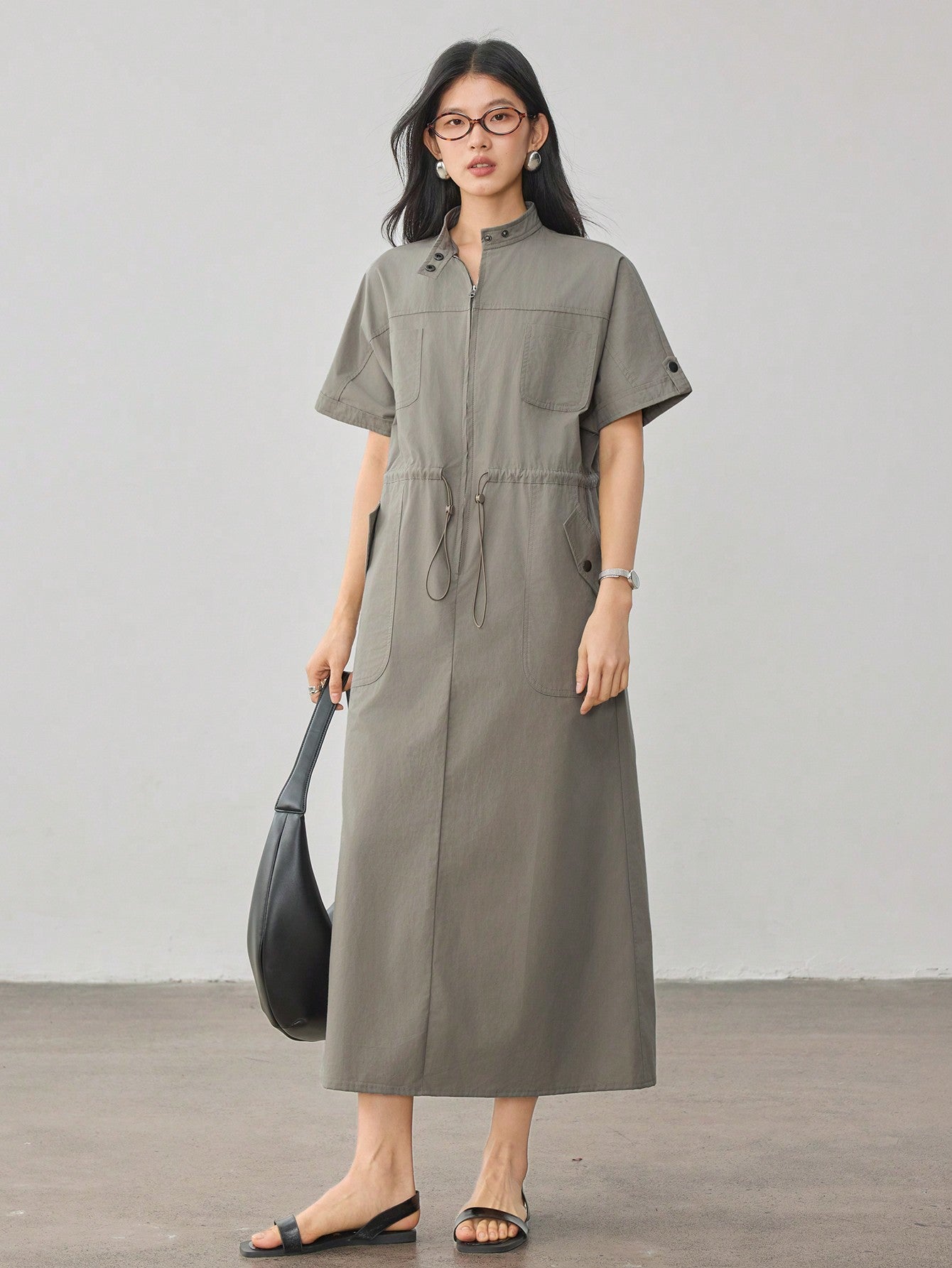 CM-DS487770 Women Casual Seoul Style Stand Collar Drawstring Waist Loose Mid-Length Dress - Army Green