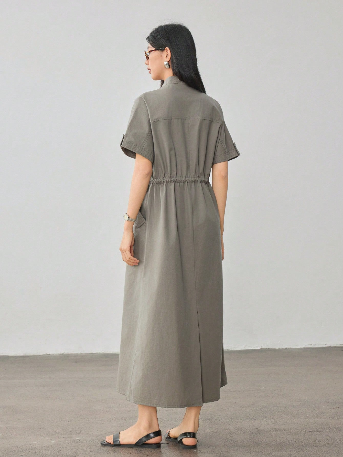 CM-DS487770 Women Casual Seoul Style Stand Collar Drawstring Waist Loose Mid-Length Dress - Army Green