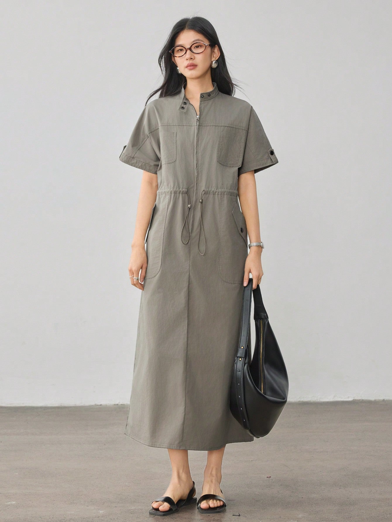 CM-DS487770 Women Casual Seoul Style Stand Collar Drawstring Waist Loose Mid-Length Dress - Army Green