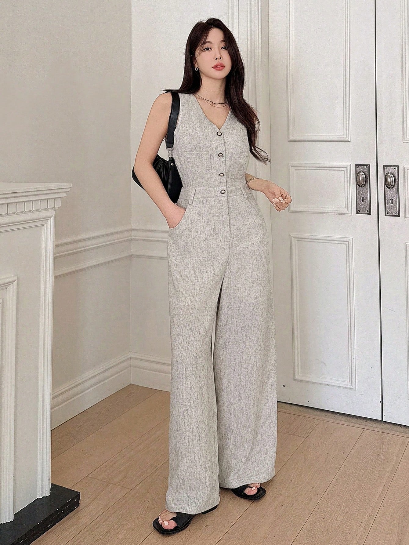 CM-JS377639 Women Elegant Seoul Style V-Neck Sleeveless Waist Cinched Long Jumpsuit - Gray