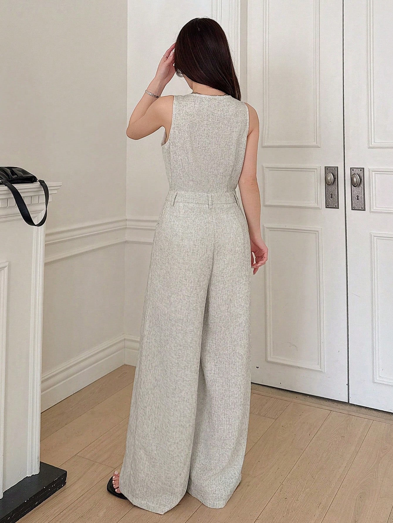 CM-JS377639 Women Elegant Seoul Style V-Neck Sleeveless Waist Cinched Long Jumpsuit - Gray