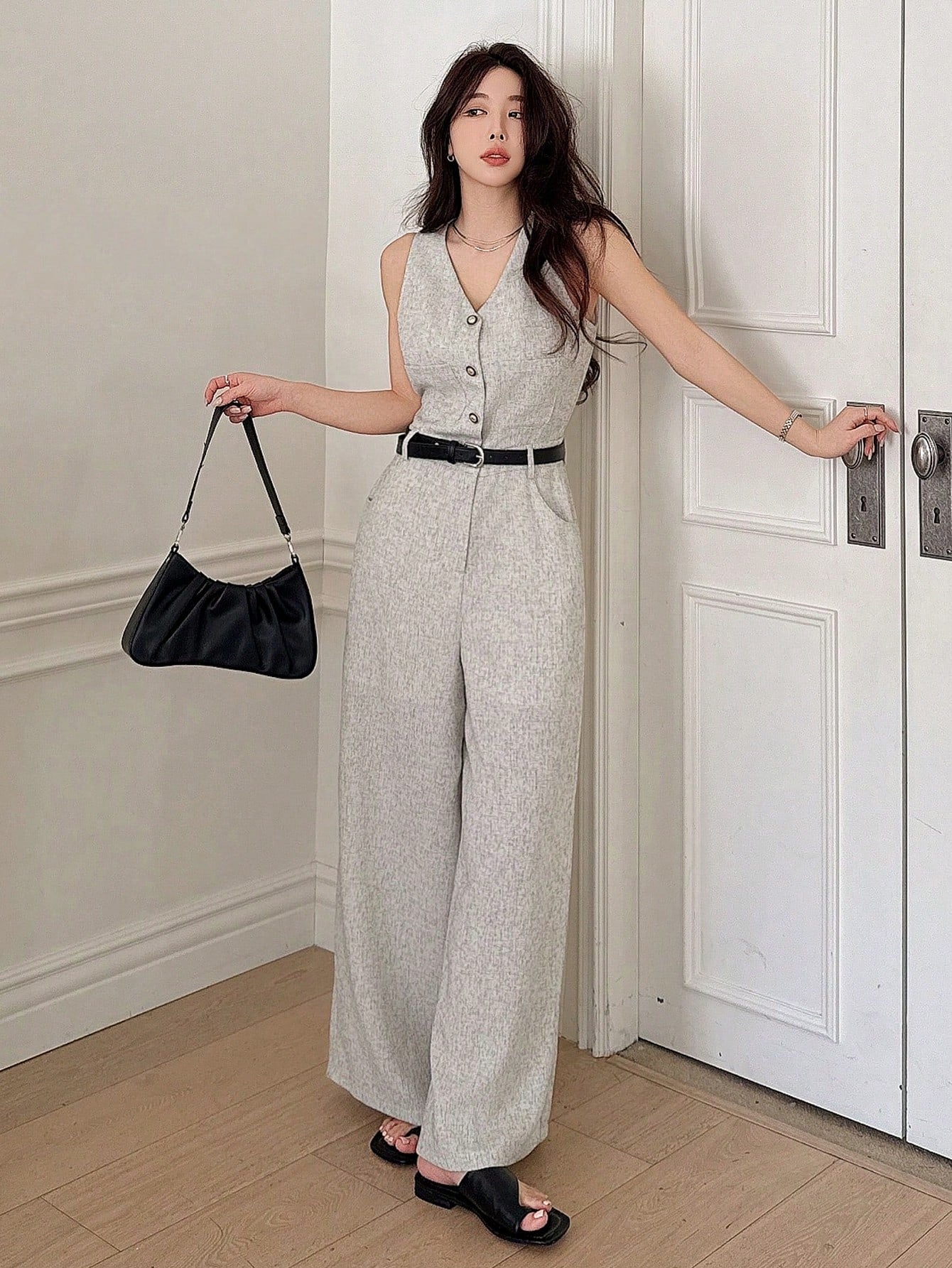CM-JS377639 Women Elegant Seoul Style V-Neck Sleeveless Waist Cinched Long Jumpsuit - Gray