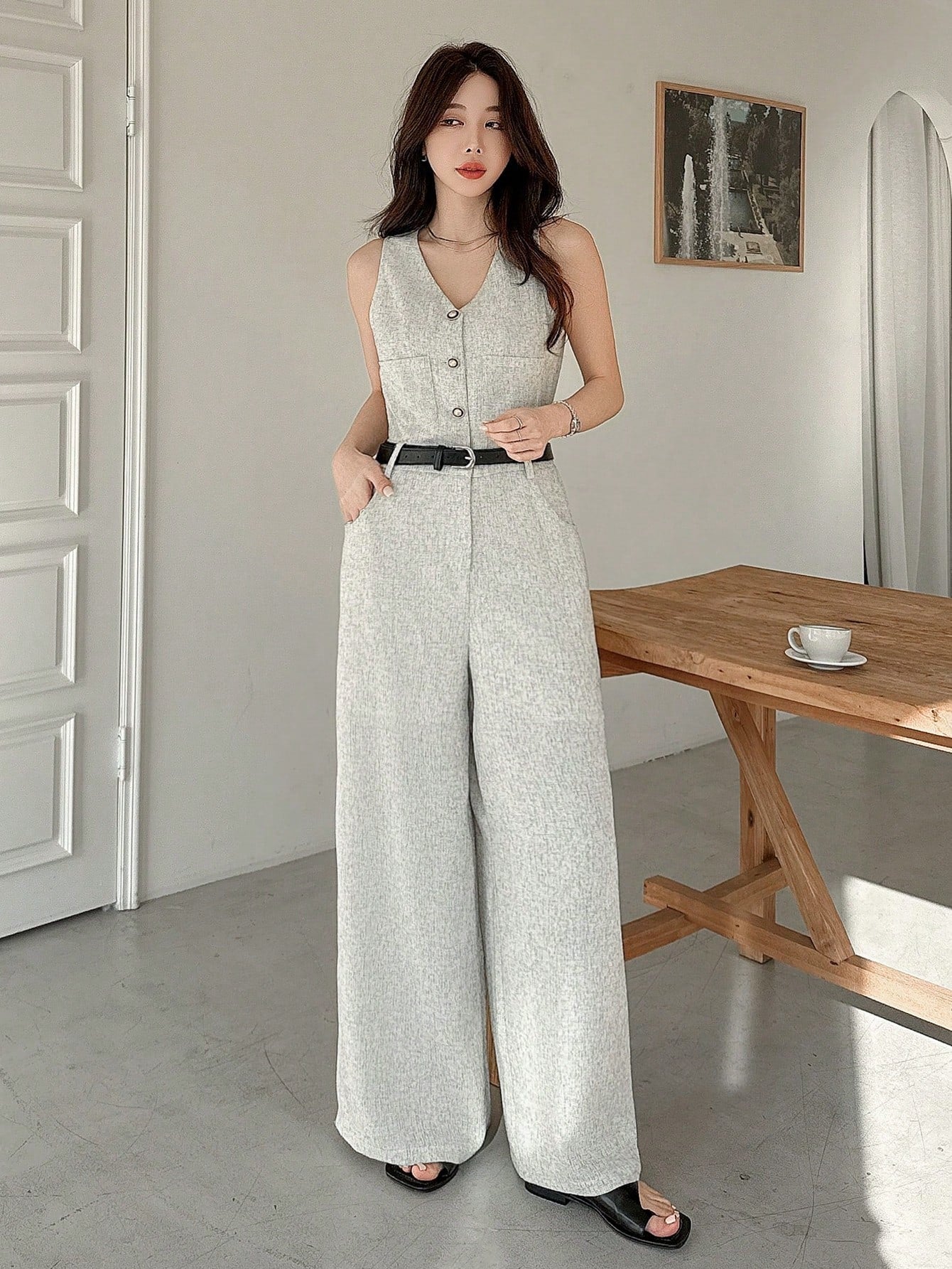 CM-JS377639 Women Elegant Seoul Style V-Neck Sleeveless Waist Cinched Long Jumpsuit - Gray
