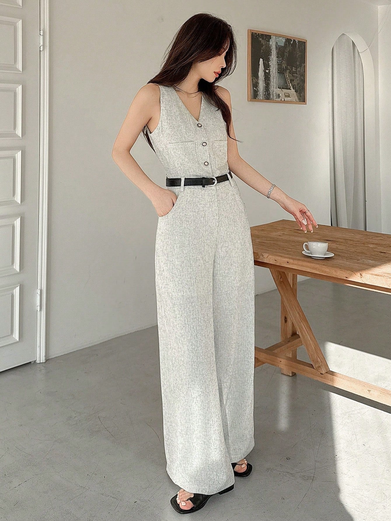 CM-JS377639 Women Elegant Seoul Style V-Neck Sleeveless Waist Cinched Long Jumpsuit - Gray