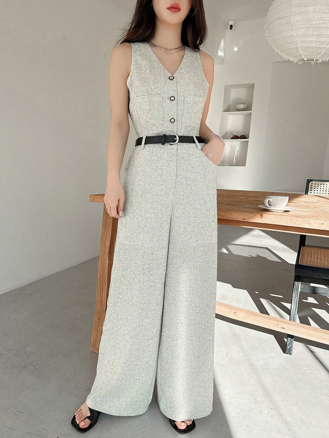 CM-JS377639 Women Elegant Seoul Style V-Neck Sleeveless Waist Cinched Long Jumpsuit - Gray