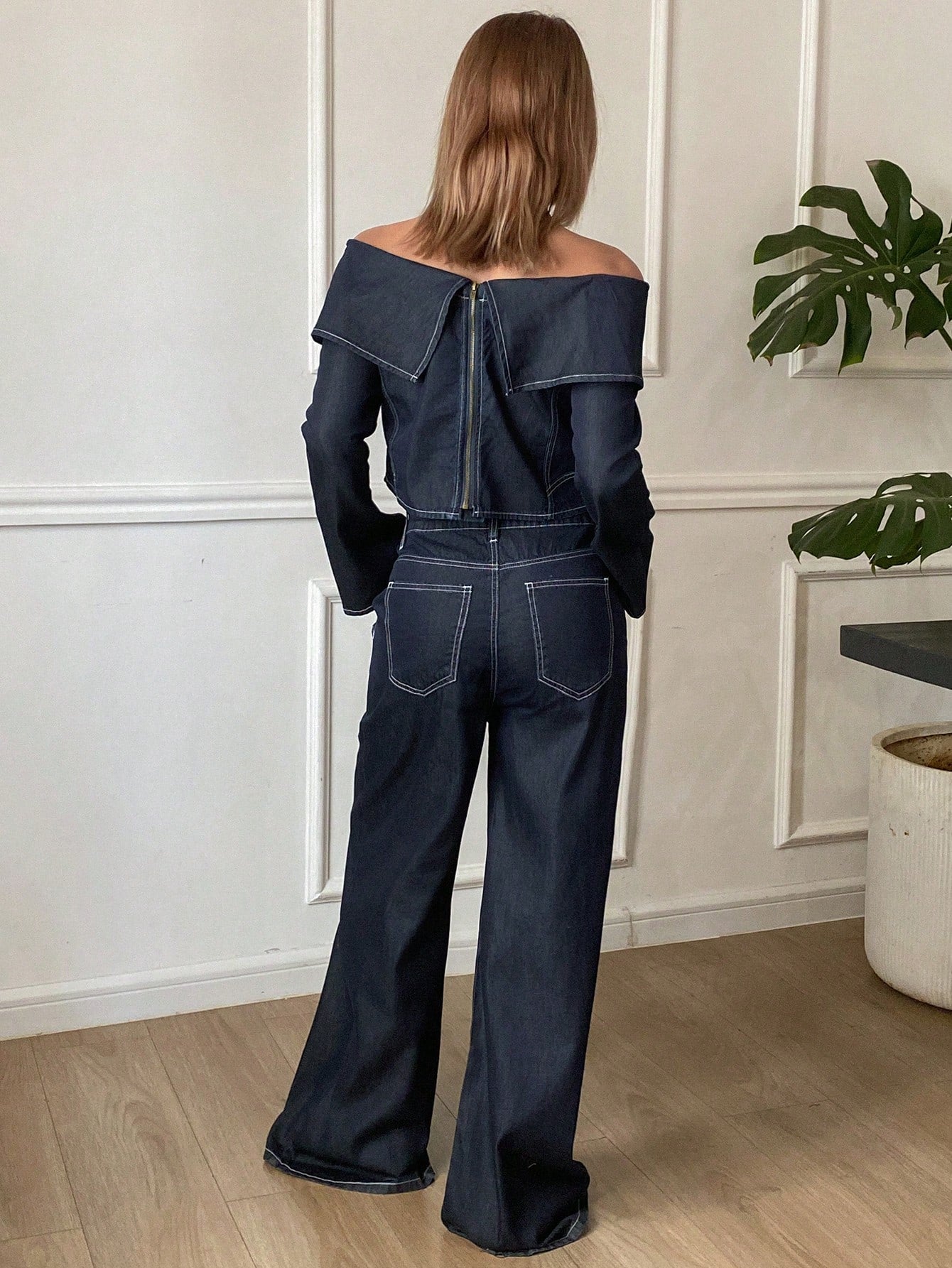 CM-SS364286 Women Casual Seoul Style Off Shoulder Long Sleeve Top With Wide Leg Jeans - Set