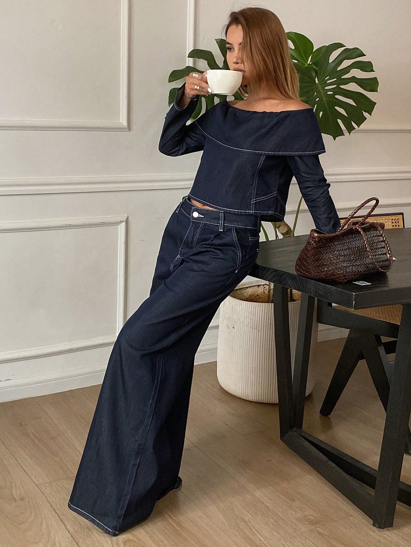 CM-SS364286 Women Casual Seoul Style Off Shoulder Long Sleeve Top With Wide Leg Jeans - Set
