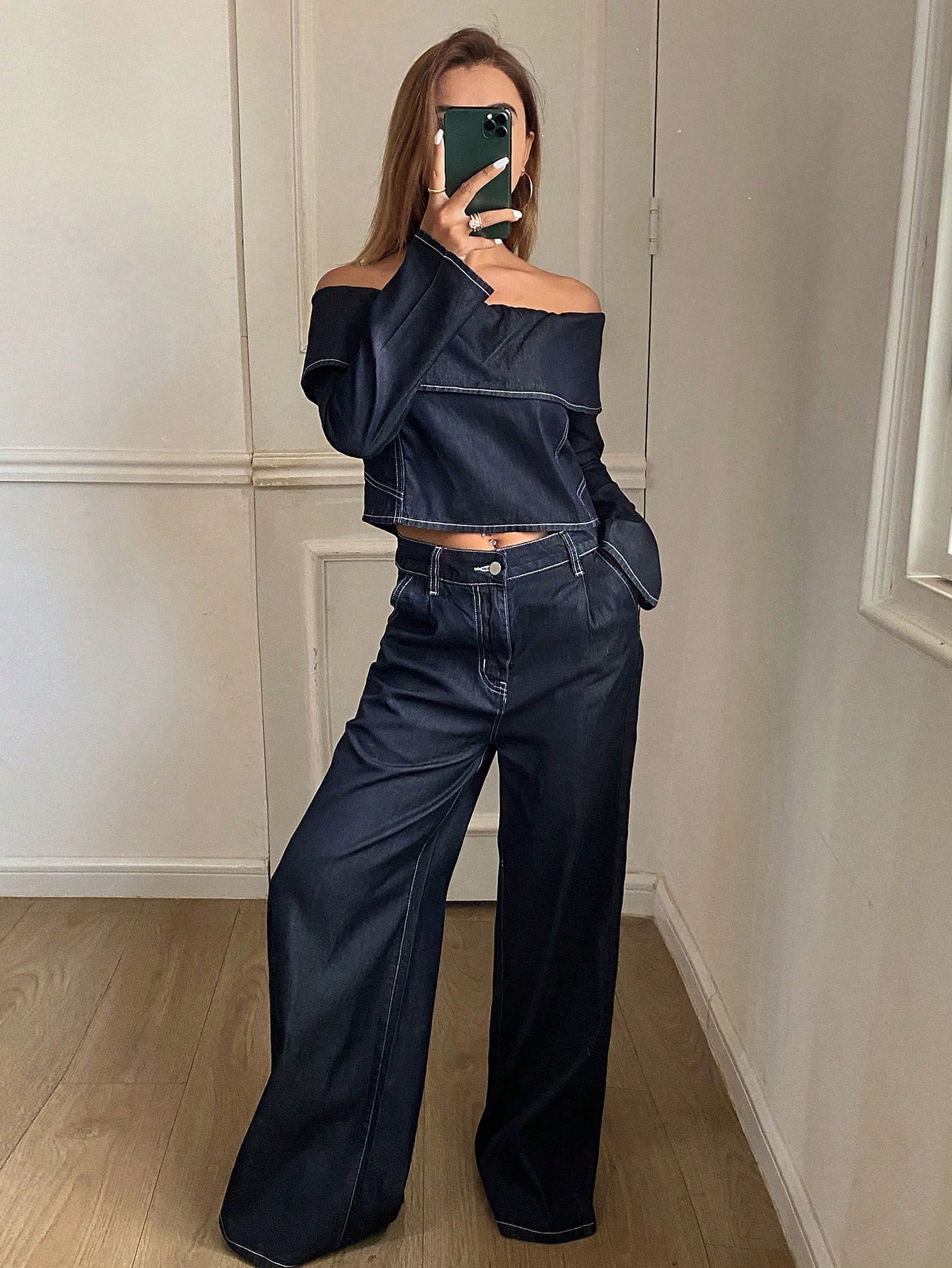 CM-SS364286 Women Casual Seoul Style Off Shoulder Long Sleeve Top With Wide Leg Jeans - Set
