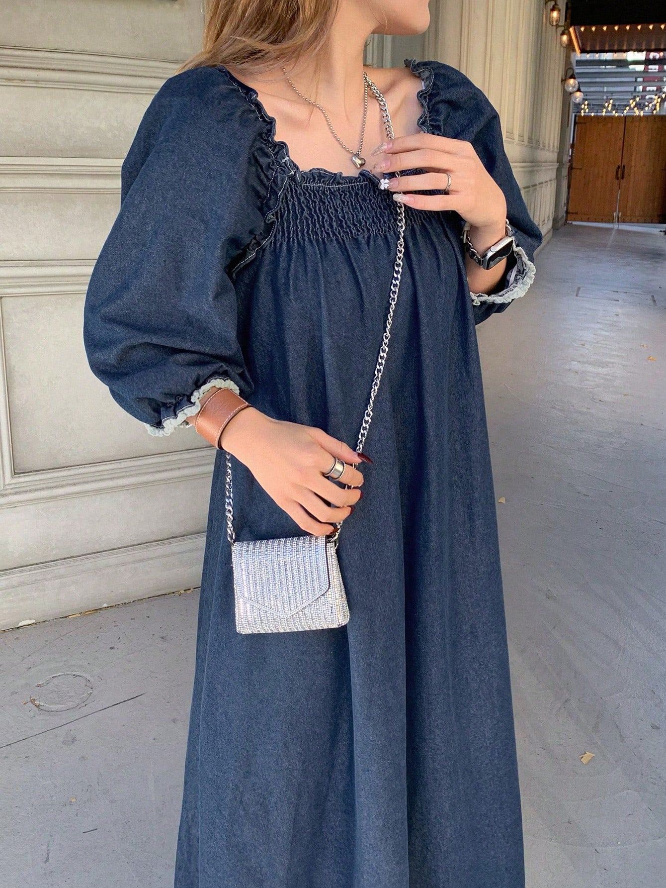 CM-DS629257 Women Casual Seoul Style Ruffled Square Neck Lantern Sleeve Denim Dress - Blue