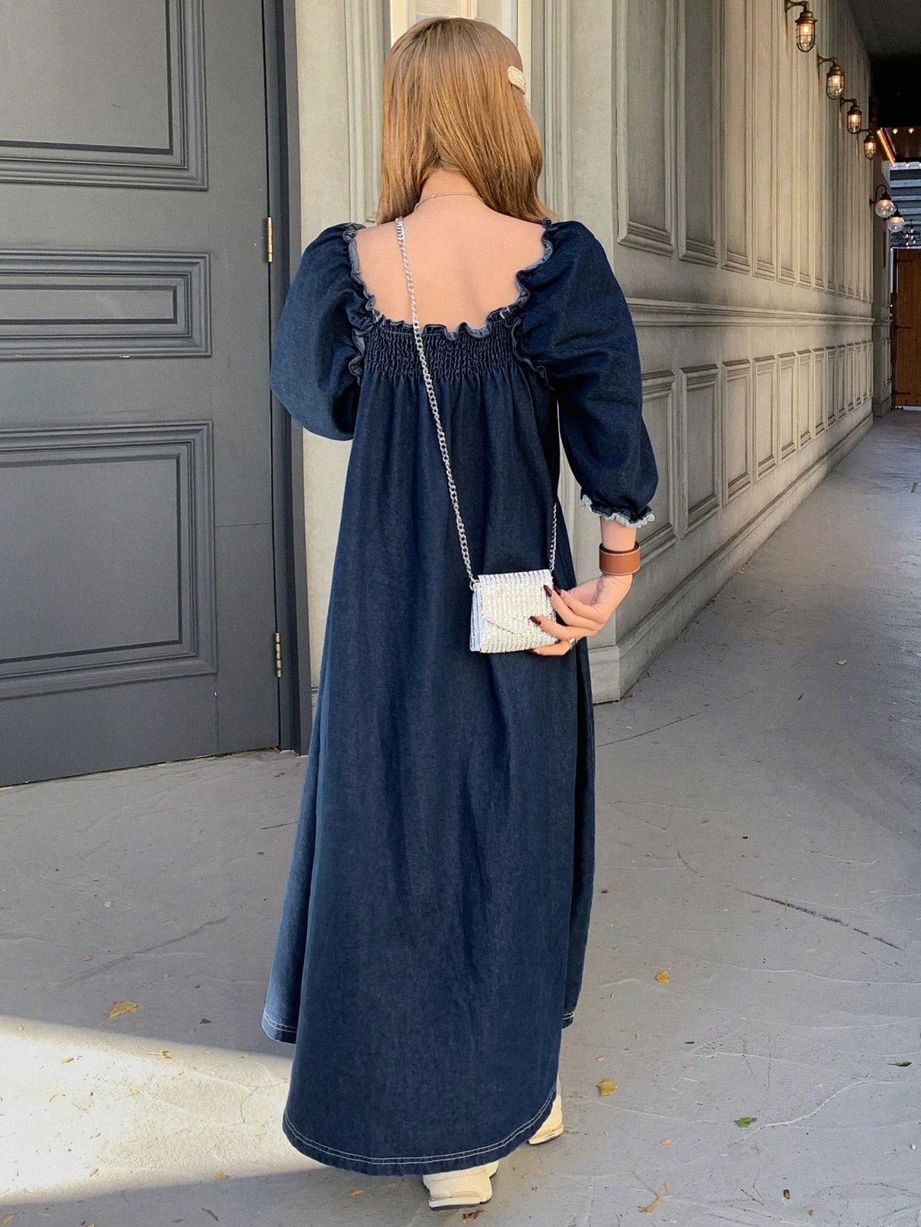 CM-DS629257 Women Casual Seoul Style Ruffled Square Neck Lantern Sleeve Denim Dress - Blue