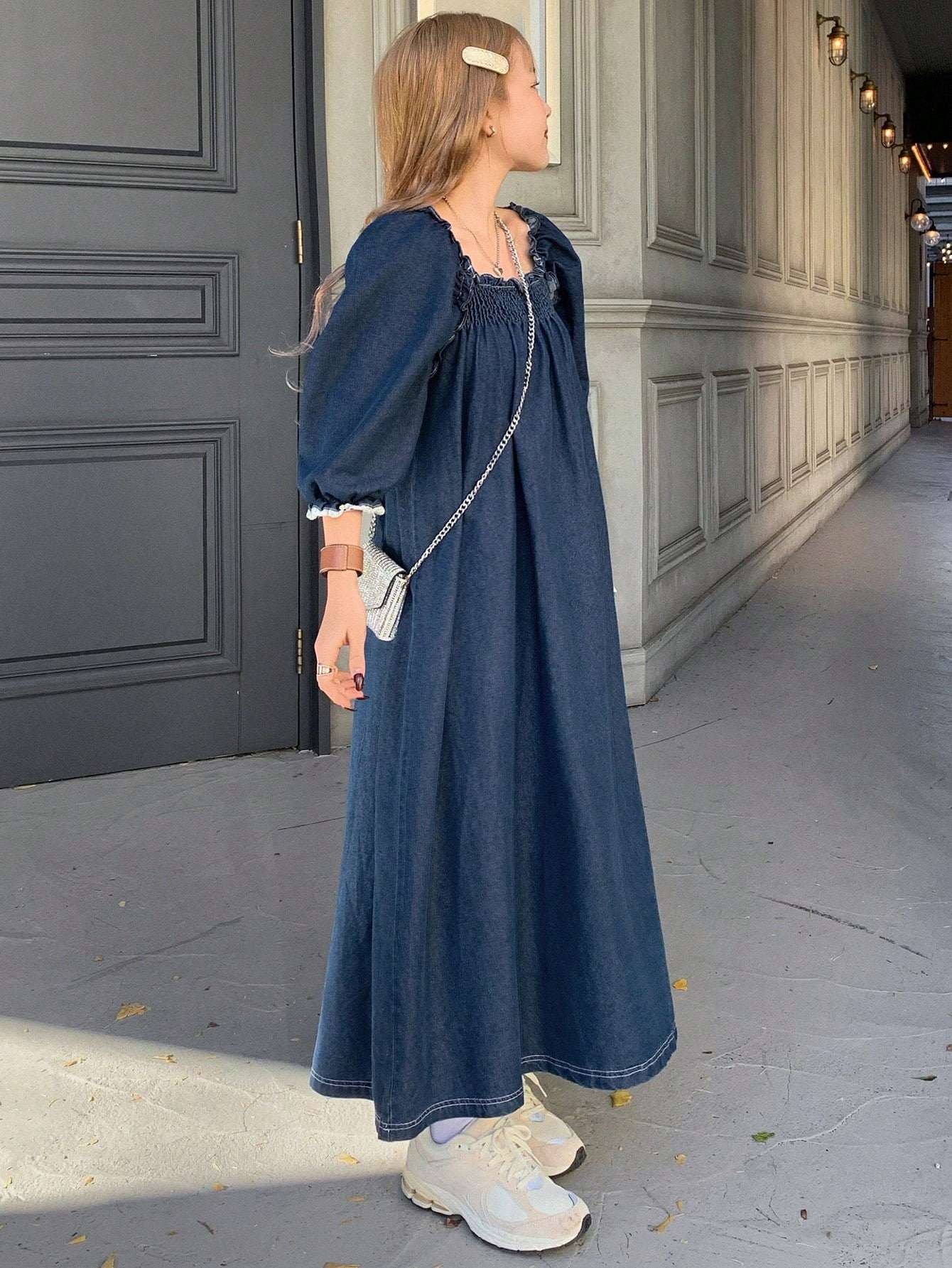 CM-DS629257 Women Casual Seoul Style Ruffled Square Neck Lantern Sleeve Denim Dress - Blue