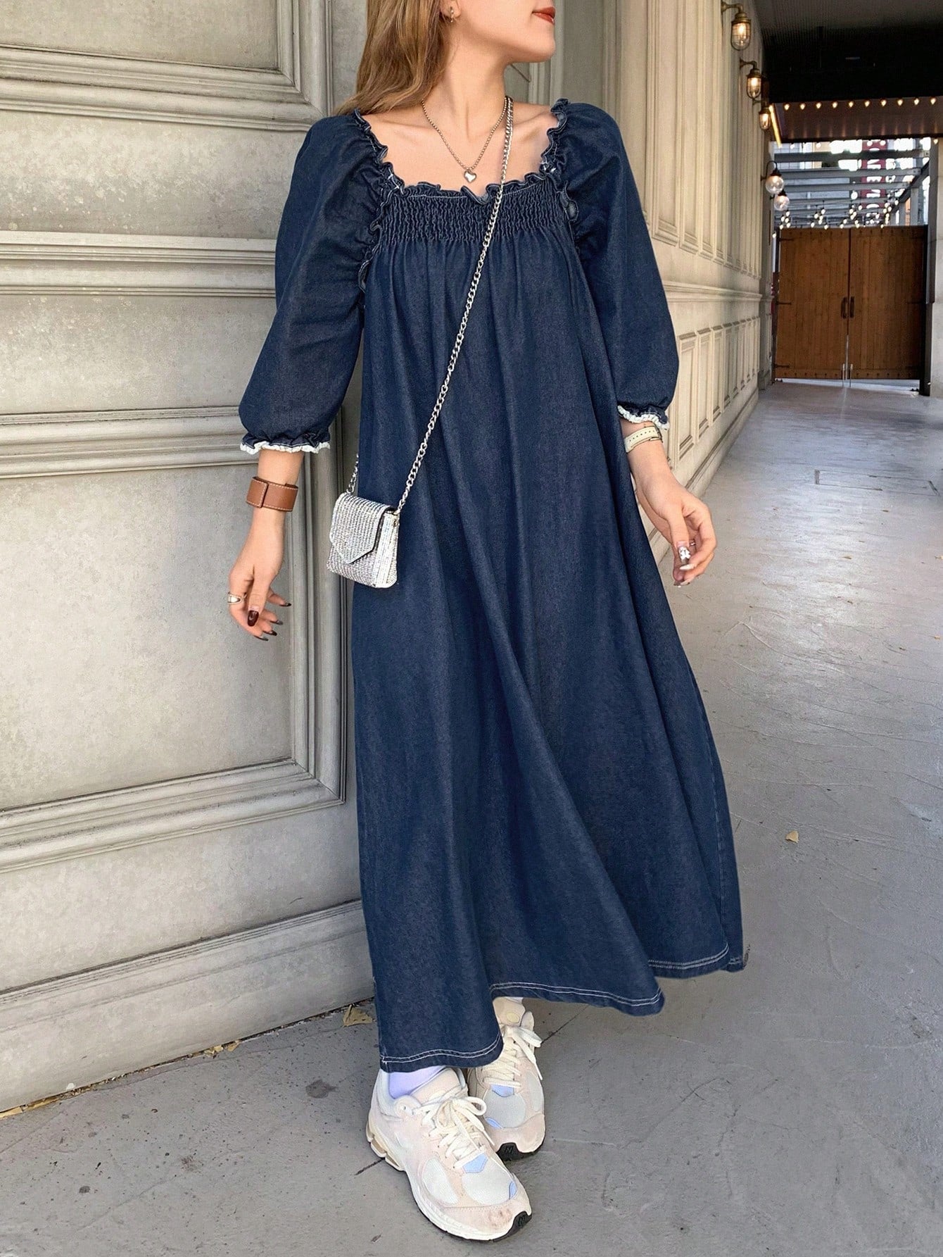 CM-DS629257 Women Casual Seoul Style Ruffled Square Neck Lantern Sleeve Denim Dress - Blue