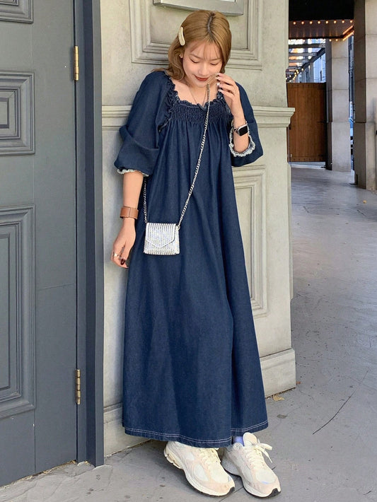 CM-DS629257 Women Casual Seoul Style Ruffled Square Neck Lantern Sleeve Denim Dress - Blue