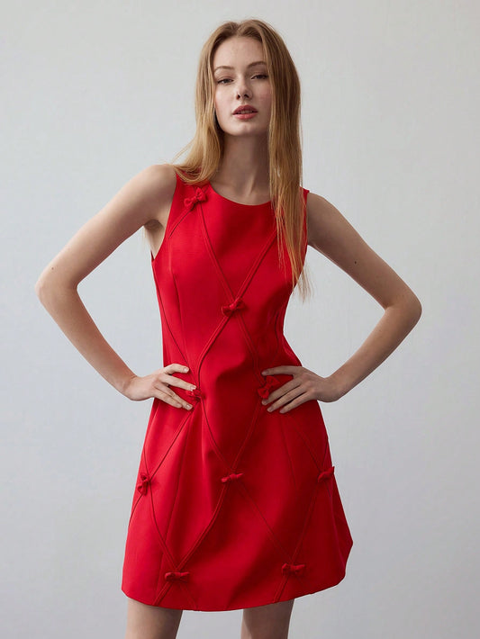 CM-DS014988 Women Elegant Seoul Style Round Neck Sleeveless Bow Decor A-Line Dress - Red