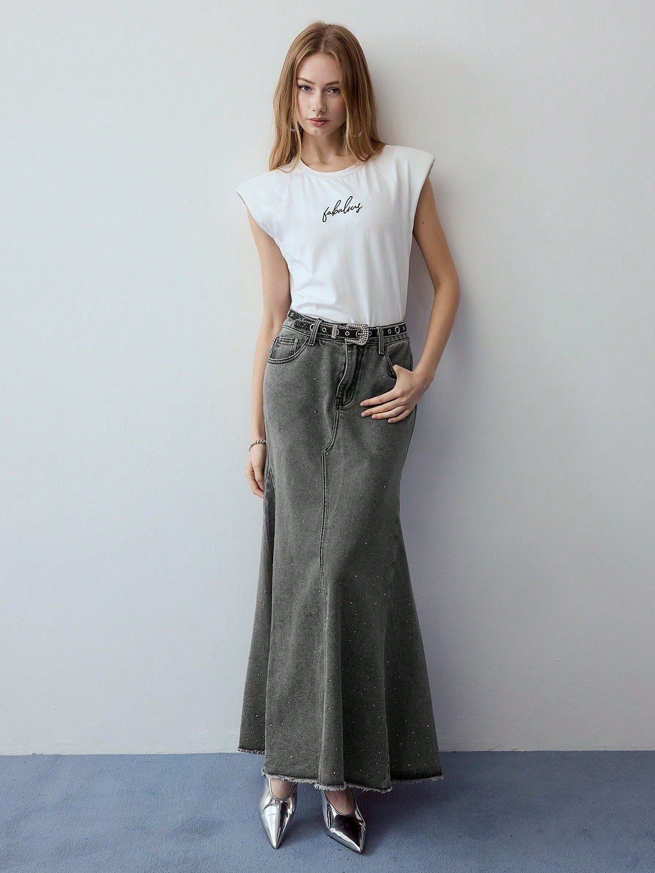 CM-BS389752 Women Casual Seoul Style Rhinestone Detail A-Line Denim Skirt - Gray