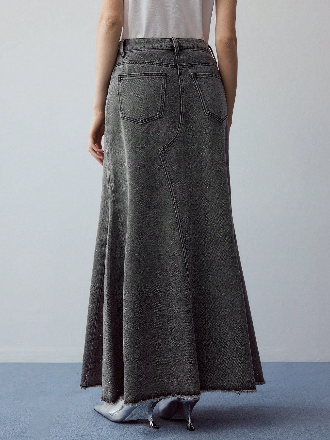 CM-BS389752 Women Casual Seoul Style Rhinestone Detail A-Line Denim Skirt - Gray