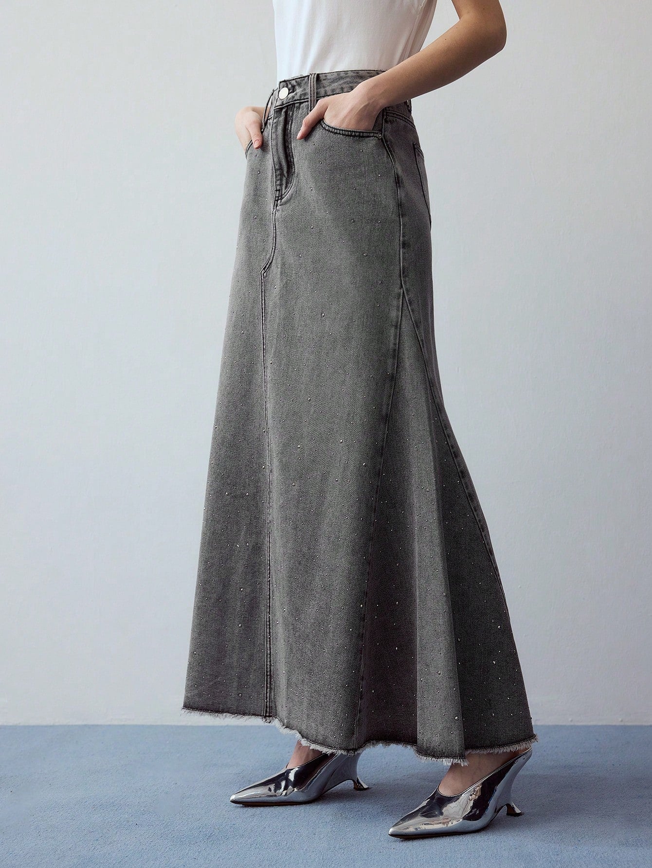 CM-BS389752 Women Casual Seoul Style Rhinestone Detail A-Line Denim Skirt - Gray