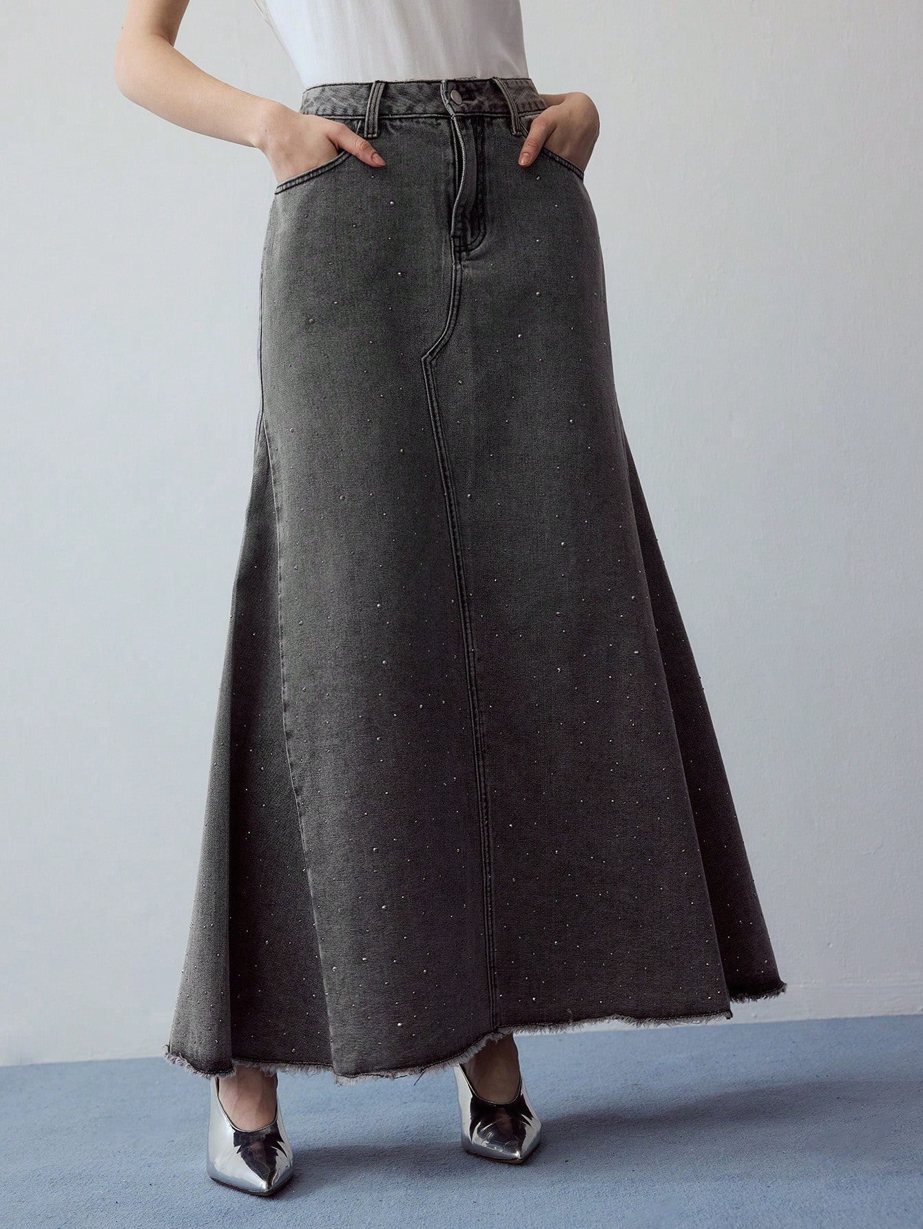 CM-BS389752 Women Casual Seoul Style Rhinestone Detail A-Line Denim Skirt - Gray
