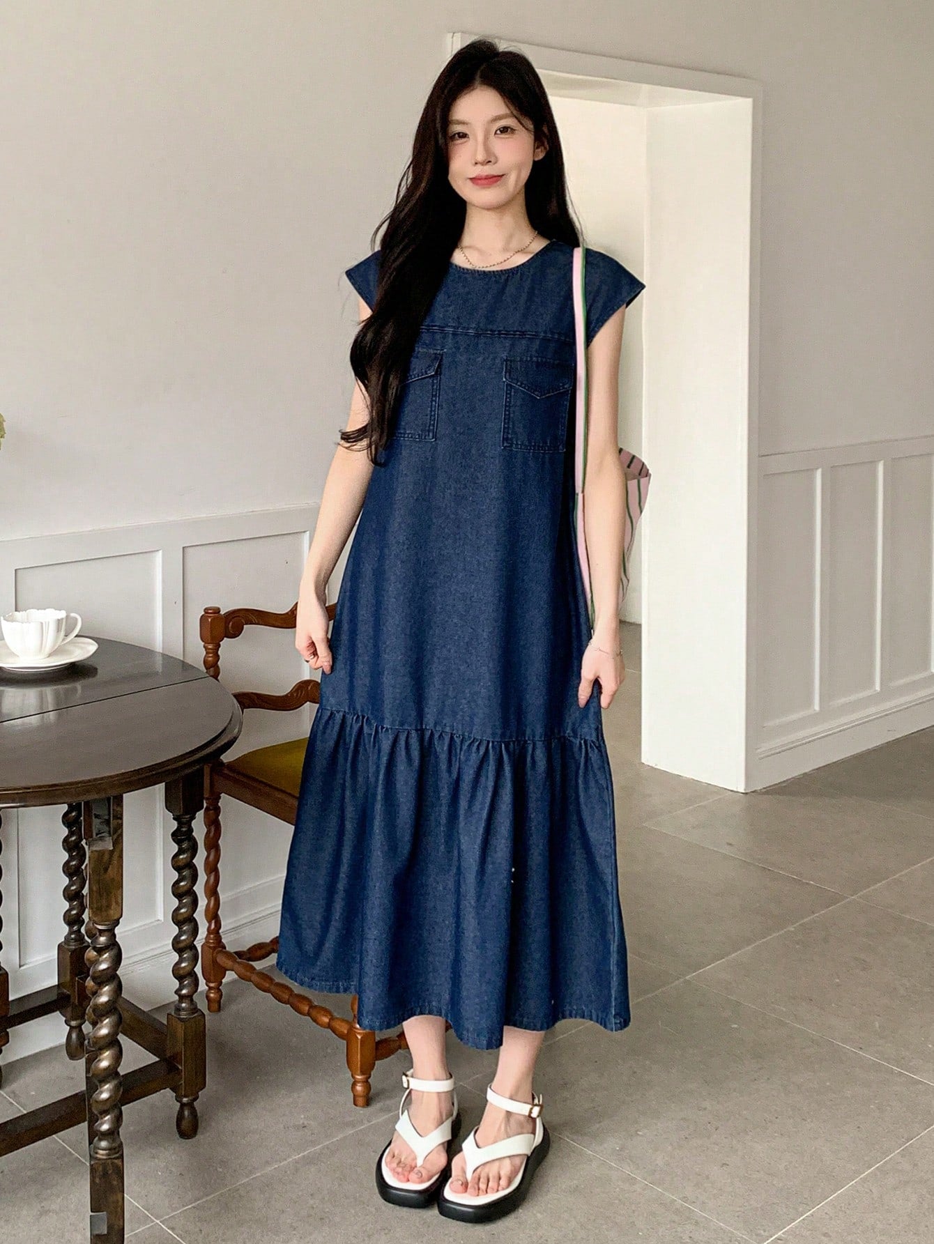 CM-DS193230 Women Casual Seoul Style Dark Wash Round Neck Ruffle Hem Long Denim Dress