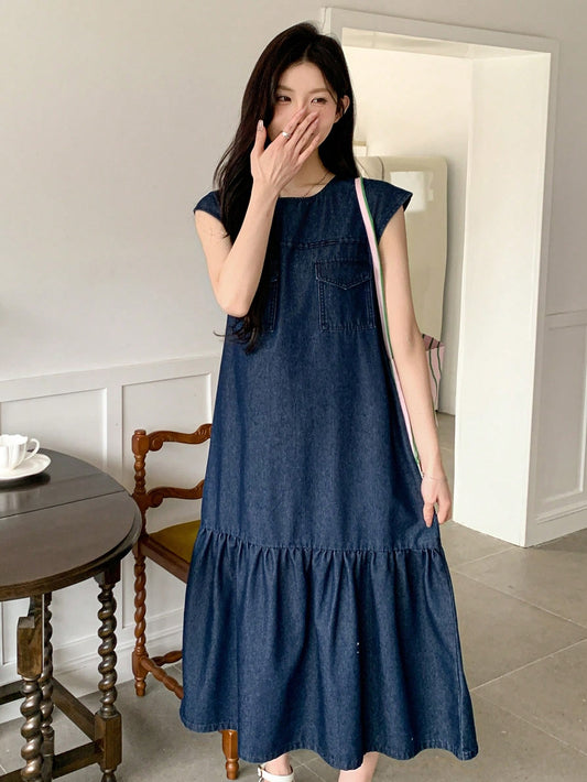 CM-DS193230 Women Casual Seoul Style Dark Wash Round Neck Ruffle Hem Long Denim Dress