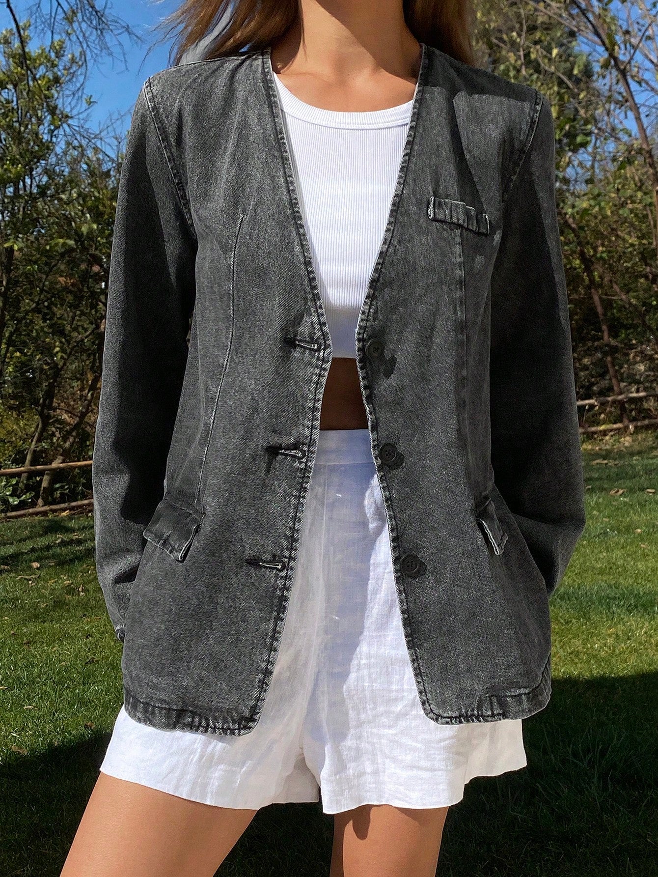 CM-CS544021 Women Casual Seoul Style V-Neck Front Button Long Sleeve Pocket Denim Jacket - Black
