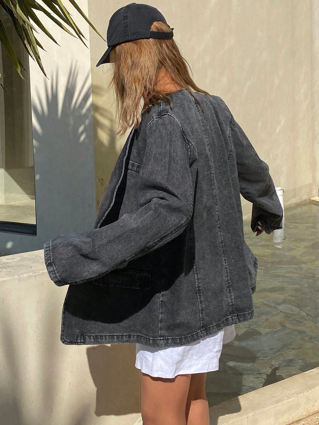 CM-CS544021 Women Casual Seoul Style V-Neck Front Button Long Sleeve Pocket Denim Jacket - Black