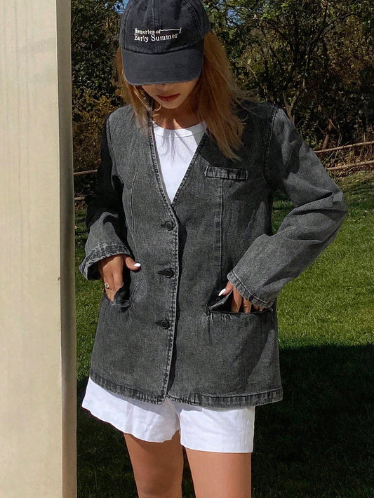 CM-CS544021 Women Casual Seoul Style V-Neck Front Button Long Sleeve Pocket Denim Jacket - Black