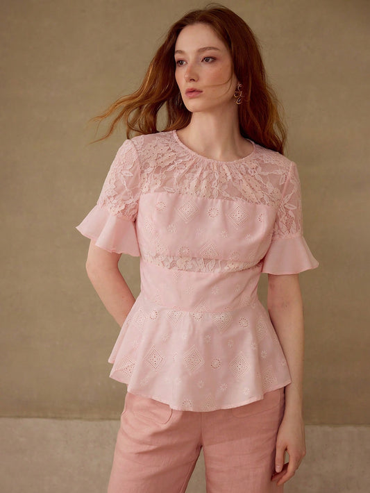 CM-TS838176 Women Elegant Seoul Style Round Neck Short Sleeve Contrast Lace Peplum Top - Pink