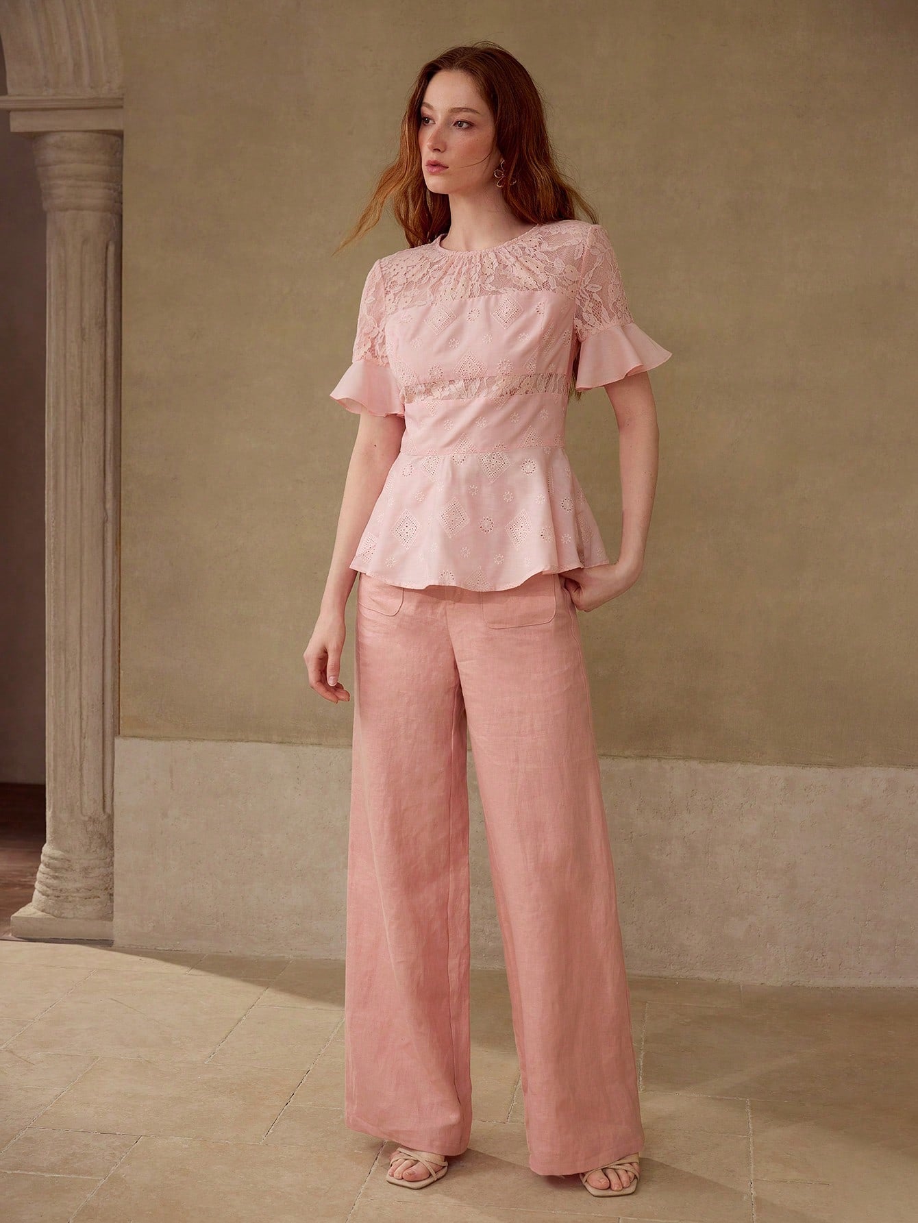 CM-TS838176 Women Elegant Seoul Style Round Neck Short Sleeve Contrast Lace Peplum Top - Pink