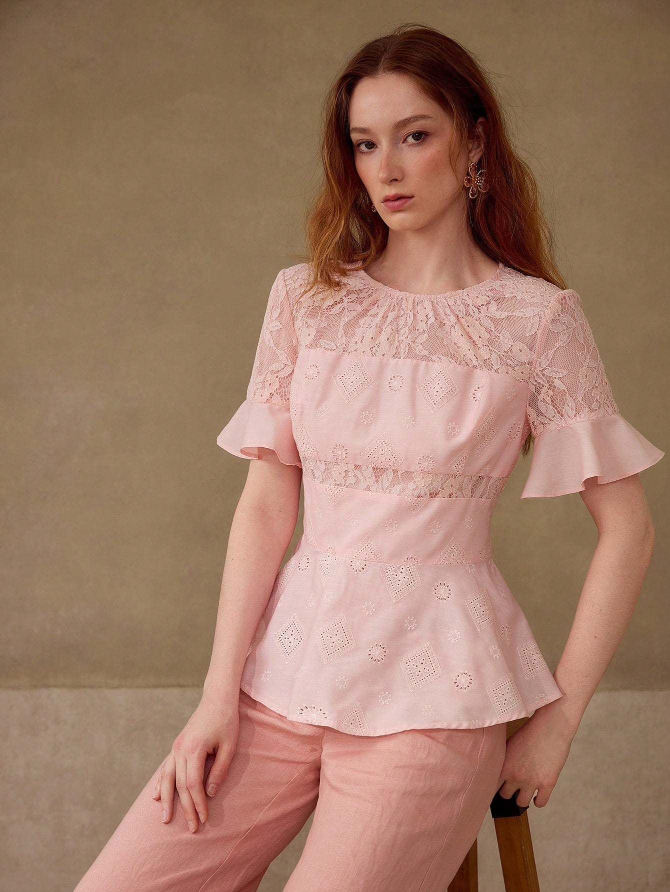 CM-TS838176 Women Elegant Seoul Style Round Neck Short Sleeve Contrast Lace Peplum Top - Pink
