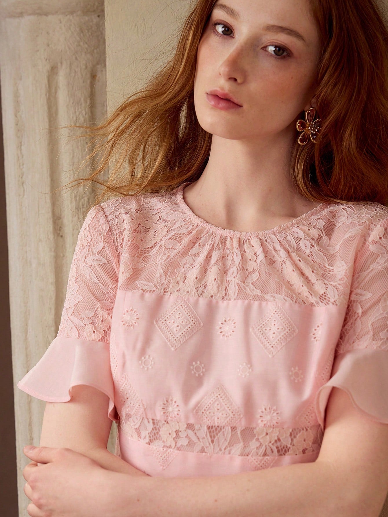 CM-TS838176 Women Elegant Seoul Style Round Neck Short Sleeve Contrast Lace Peplum Top - Pink