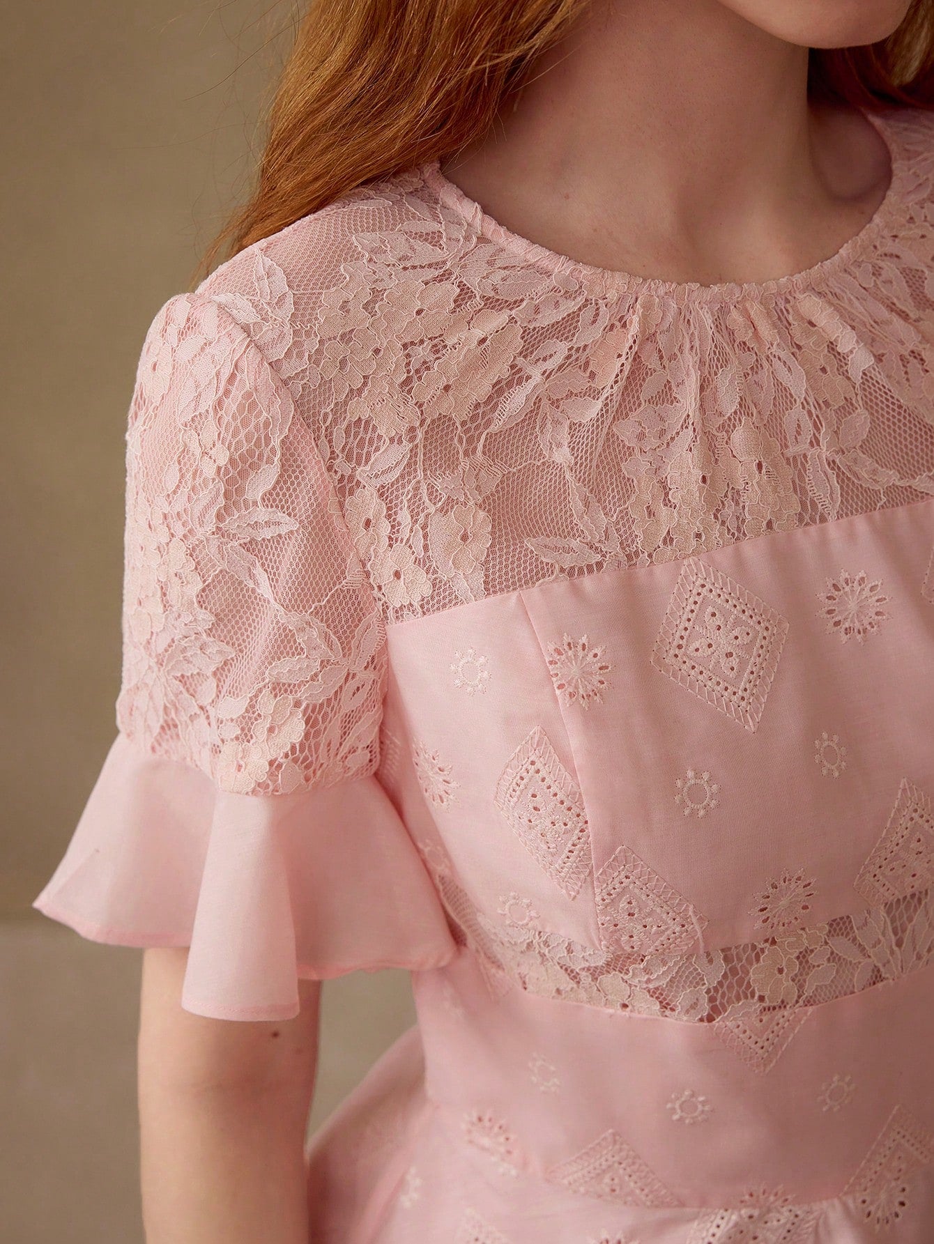 CM-TS838176 Women Elegant Seoul Style Round Neck Short Sleeve Contrast Lace Peplum Top - Pink