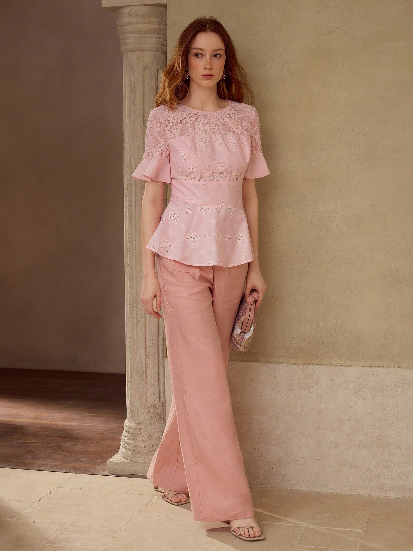 CM-TS838176 Women Elegant Seoul Style Round Neck Short Sleeve Contrast Lace Peplum Top - Pink