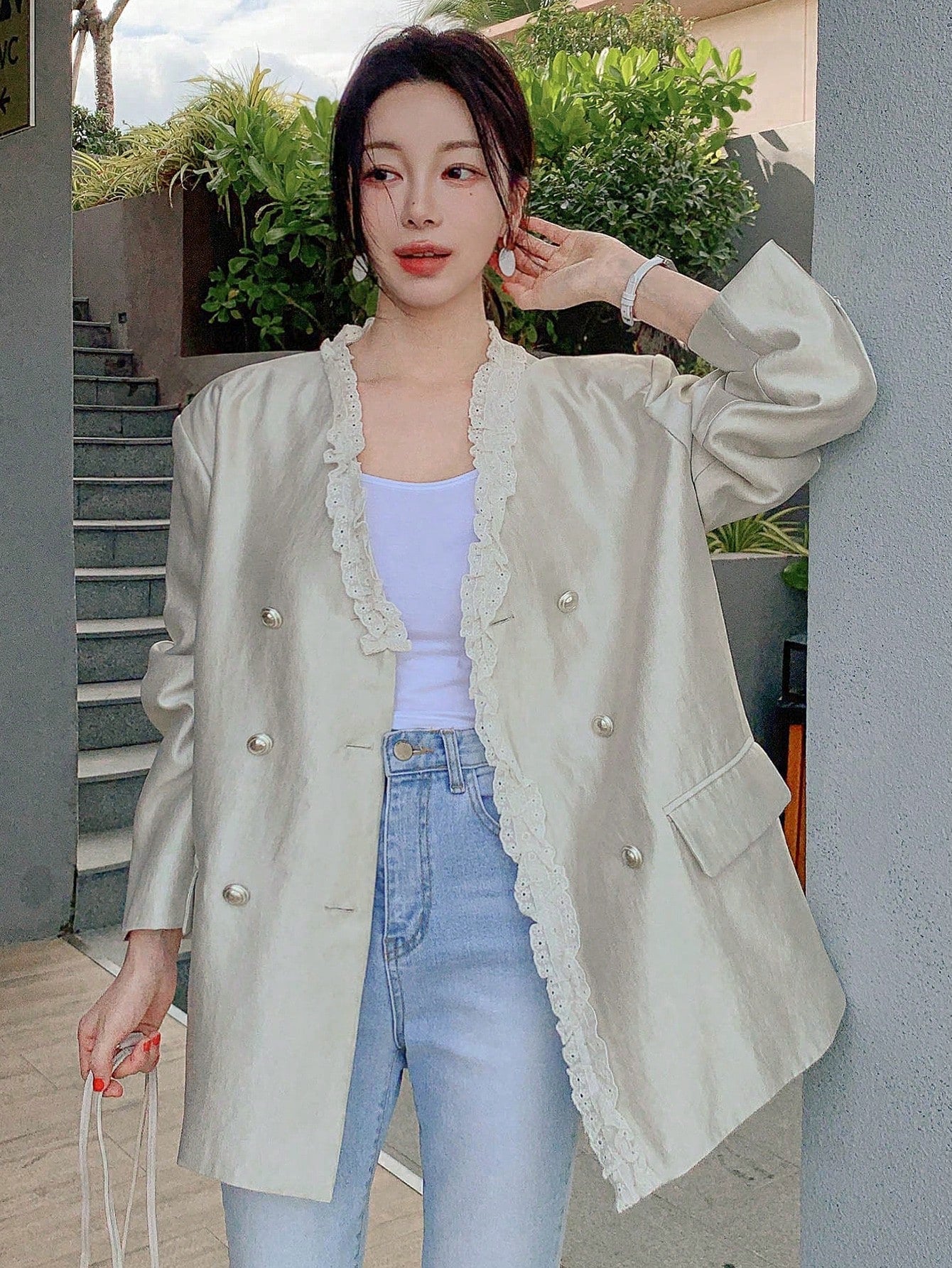 CM-CS310135 Women Elegant Seoul Style Ruffled Trim Color Block V-Neck Double-Breasted Suit Jacket