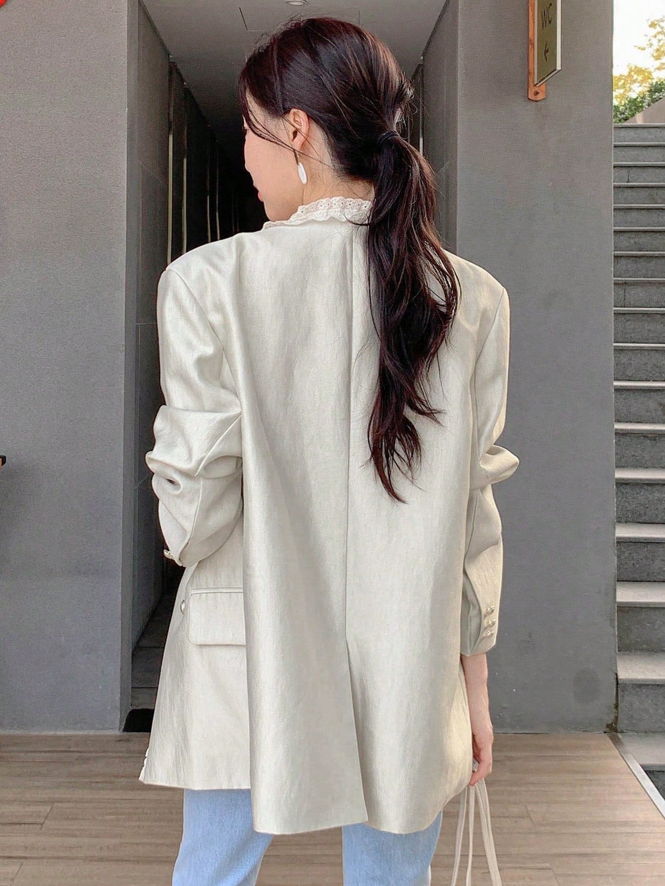 CM-CS310135 Women Elegant Seoul Style Ruffled Trim Color Block V-Neck Double-Breasted Suit Jacket