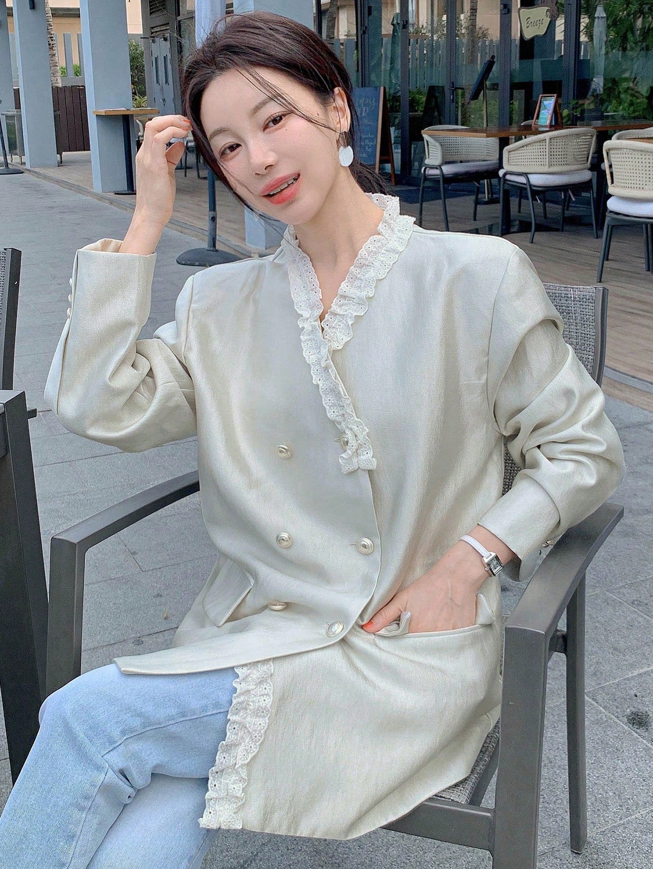 CM-CS310135 Women Elegant Seoul Style Ruffled Trim Color Block V-Neck Double-Breasted Suit Jacket